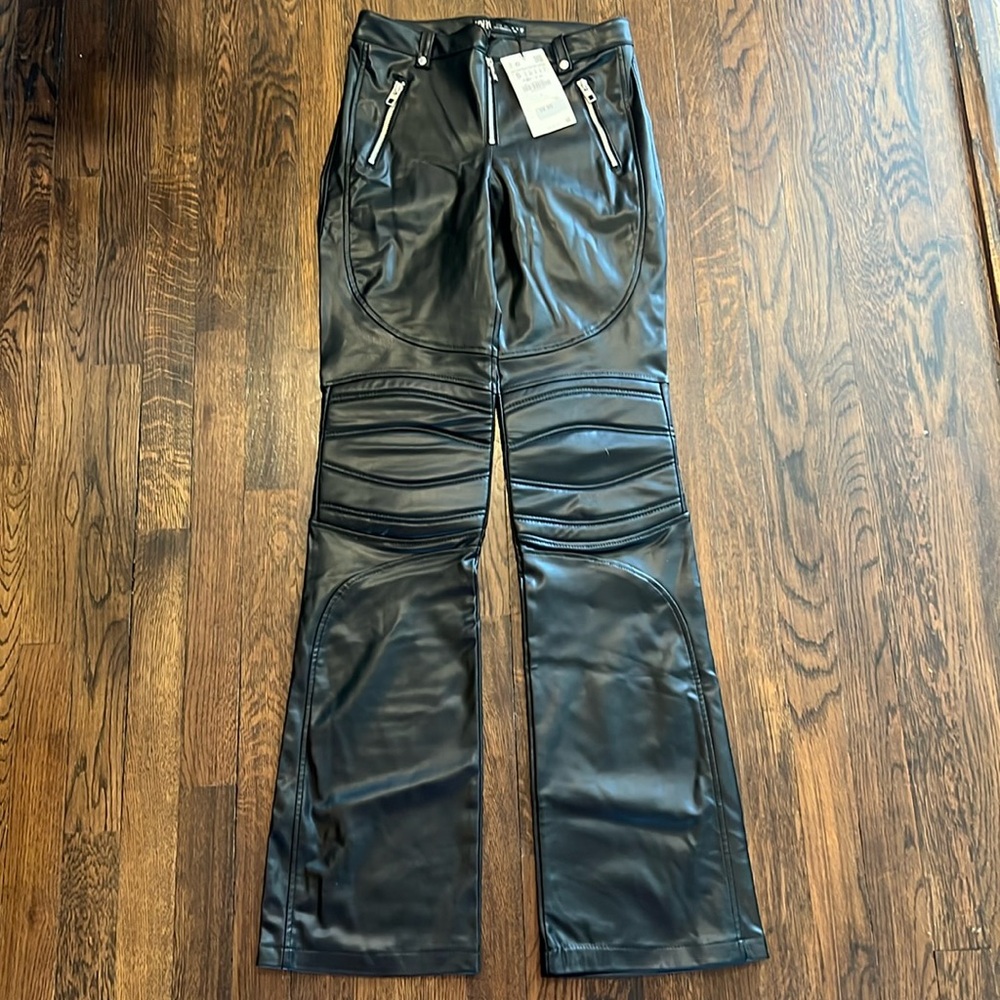 Zara Faux Leather Black Moto Pants With Zips and Seaming  NWT S MSRP $59.90
